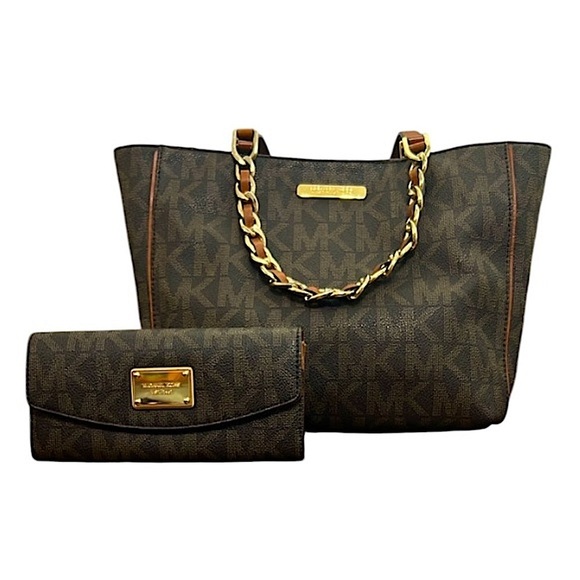 Michael Kors Brown Tote and Wallet Set Hudson brown black